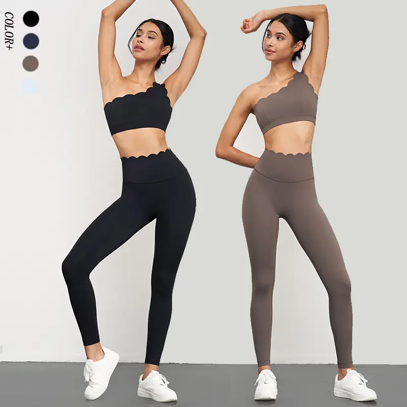 Benutzer definierte Logo Fitness Workout Kleidung Active Wear Jakobs muschel geformte Sport-BH und Leggings Yoga-Set für Frauen Nahtloses Druck muster