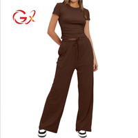 Ensemble 2 pièces décontracté pour femme GX24043, t-shirt à manches courtes et col rond et pantalon, collection printemps-automne