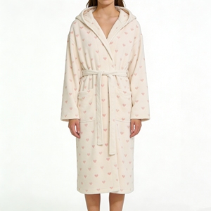 Cozy Plush Fleece Hooded Robe With Pink Heart Print Women's Comfortable Loungewear For Home