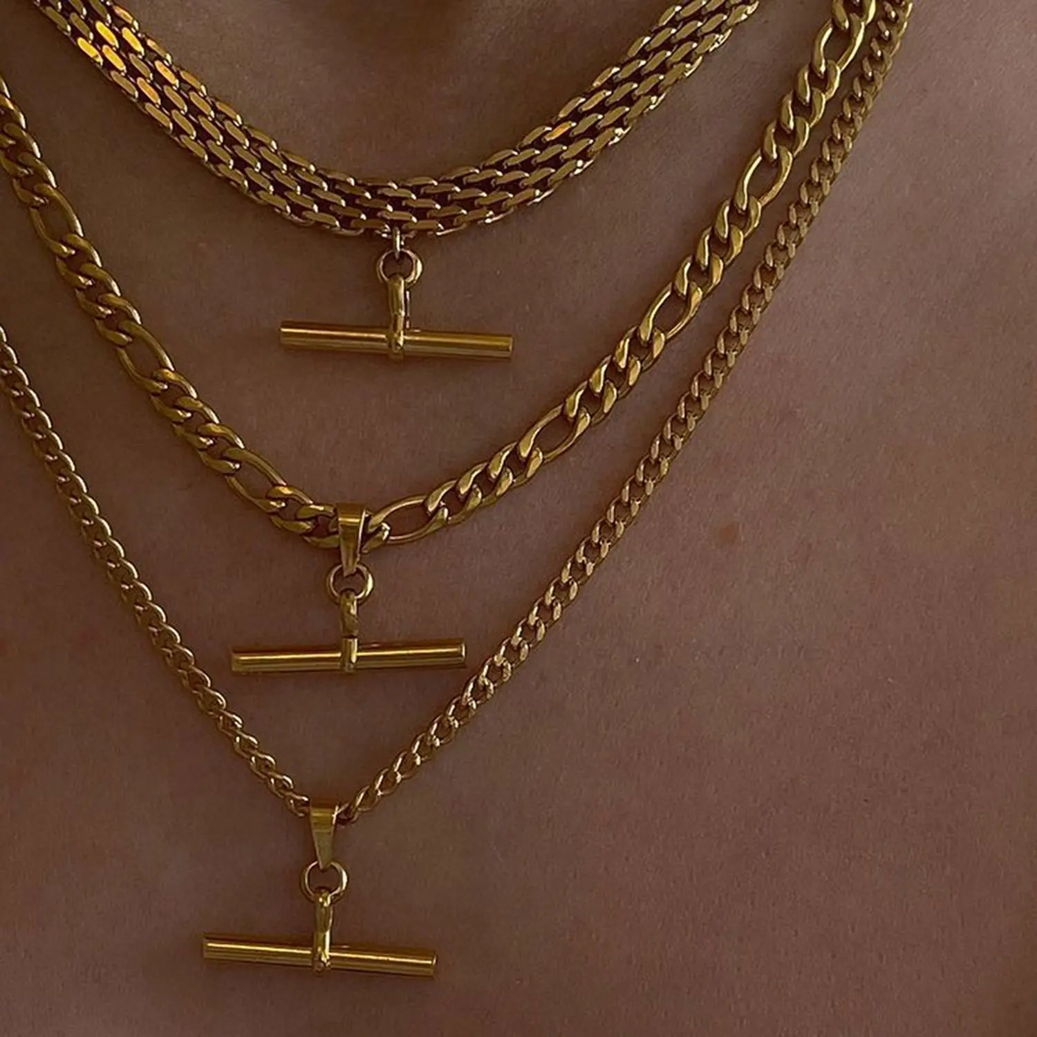 Moda paslanmaz çelik T Bar kolye halat zincir/Figaro zinciri/küba zincir kolye 18K altın takı