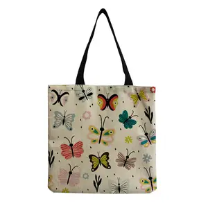 Sacs à provisions personnalisés en coton et lin à motif papillon, sac à bandoulière portable et réutilisable, sac fourre-tout de grande capacité pour les vacances