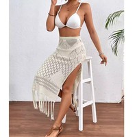 S M L Mujeres Textura de punto Sarong Faldas Sexy High Slit Tassel Cover-Up Beach Summer Vacation Falda envuelta Bikini Cover up