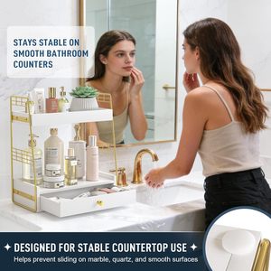 Organizzatore da <span class=keywords><strong>Bagno</strong></span> a 2 Livelli in Gomma di Caucciù e Metallo, Antiscivolo, Sottile, Salvaspazio, con Cassetto per Ripiano del Lavabo - Product Image 6