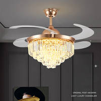 Ventilateur de plafond LED de luxe en cristal, avec pales rétractables décoratives et télécommande