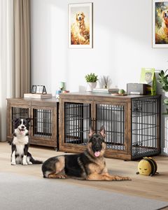 Özel köpek sandık mobilya yastık ahşap köpek kulübesi ile kapalı çift kapılar ağır çift köpek kafesi ile tekerlekler - Product Image 3