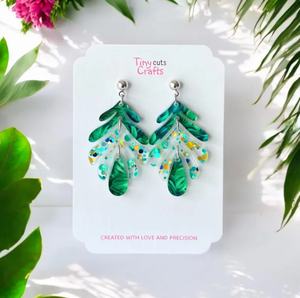 Boucles d'oreilles pendantes en acrylique feuilles tropicales scintillantes, frondes de <span class=keywords><strong>palmier</strong></span> vertes, bijoux de plage, style bohème <span class=keywords><strong>aquarelle</strong></span>, cadeau pour femme avec résine/lucite - Product Image 1