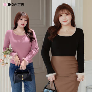 Runqi Plus Size Women's French Style <b>Long</b> <b>Sleeve</b> Knit <b>Top</b> With Fur Trim Round Neck Solid Color Polyester Sweater N8516 - Product Image 4