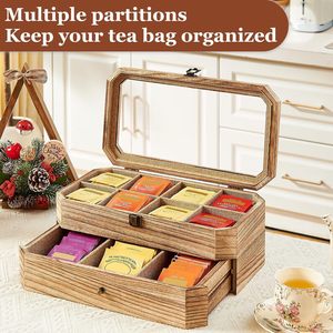Wooden Tea Bag <b>Storage</b> <b>Box</b> With Lid Two Layer Organizer Rectangle Shape For Tea Coffee <b>Storage</b> Bins - Product Image 4