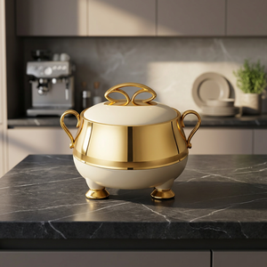 Olla Redonda Dorada de Metal Blanco con Tapa y Asas, Utensilio de Cocina Moderno y de Lujo con Aislamiento Térmico - Product Image 3