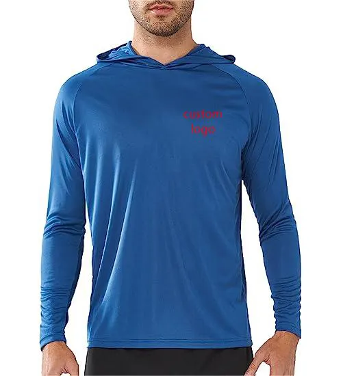 Logo personnalisé Chemises de protection solaire UPF 50 + UV pour hommes Chemise à capuche à manches longues T-shirt à capuche léger avec trou de pouce pour la randonnée et la natation