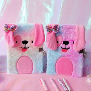Tie-dye Colorful Private Diary <b>Notepad</b> with Lock Fluffy Journal Plush Rainbow Dog Notebook for Girls - Product Image 6