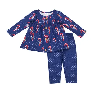 Ensemble de vêtements pour filles Boutique Ensemble de vêtements pour nouveau-né bébé bleu Candy Can Tunique Leggings Tenue de vacances Ensemble de vêtements pour le jour de Noël