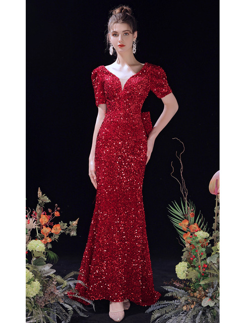Hot Elegant v Neck Red Sequined Maxi Dress Back Bow Short Sleeve Evening Party Prom Gown Evening Dresses