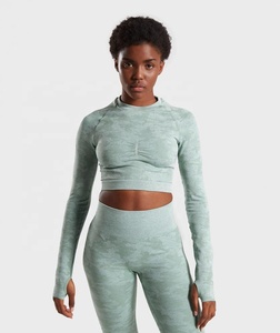 Yoga <span class=keywords><strong>Gym</strong></span> Wear Camo Seamless Leggings <span class=keywords><strong>Top</strong></span> de <span class=keywords><strong>manga</strong></span> <span class=keywords><strong>larga</strong></span> con agujero Back Set para mujeres - Product Image 3