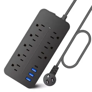 Factory Direct Surge Protector Flat Plug With 8 Outlets 3 USB Ports 1 Type C 1250W Extension Cord Power Strip For Home Office