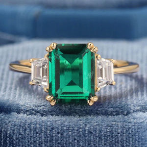 Bague de fiançailles vintage pour femme, anniversaire de mariage, coupe émeraude, agate verte mousse, or jaune 925, moissanite, anneaux en CZ - Product Image 5