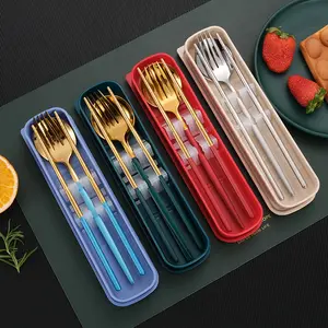 Корейский индивидуальный логотип позолоченный набор столовых приборов из нержавеющей стали с цветными ручкой палочки для еды и ложка Вилка Набор столовых приборов