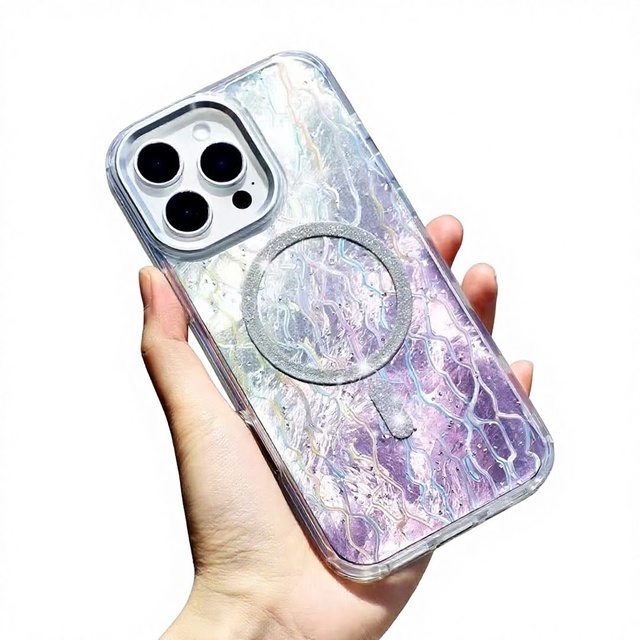 Glitter Nature Scenery Design Shockproof TPU+PC Phone Case for iphone 17 16 15 Pro Max with Holder and Camera Protector A58
