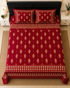 Red Floral Cotton Bedsheet King Size Bed Sheet Set Soft Cotton Bedding <b>Flat</b> Sheet with 2 <b>Pillow</b> Covers Bedroom Decor - Product Image 1