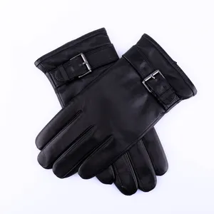 Customized Fashion Button Decor Black Outdoor Winter Driver Leather Gloves