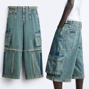 Pantalones Anchos Personalizados de Moda Urbana al por Mayor con Correas Multifuncionales, Jeans Cargo Desmontables Azules Lavados para Hombre - Product Image 1