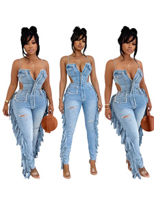 Nuovi Arrivi: <span class=keywords><strong>Tuta</strong></span> <span class=keywords><strong>in</strong></span> Denim da Donna con Logo Personalizzato, Sexy con Scollo a V e Dettagli Traforati, <span class=keywords><strong>Tuta</strong></span> Intera Casual - Product Image 1