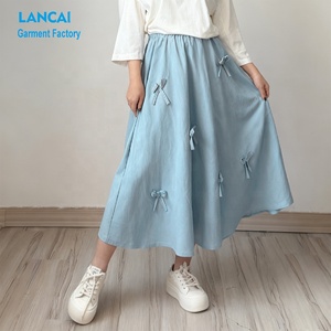 Falda <span class=keywords><strong>Midi</strong></span> Azul Claro para Mujer, Personalizable, Cintura Elástica, Algodón y Lino, Falda <span class=keywords><strong>Midi</strong></span> en Línea A con Decoración de Lazo - Product Image 1