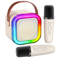 Mini Altavoz Karaoke Portátil 5.3 con Luces LED RGB, Carcasa de Bambú, Micrófono Integrado, Control Remoto, Compatible con Aplicaciones, Batería de 1000-2000mAh para Niños