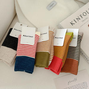 Kaus kaki tebal model Korea, kaus kaki handuk tabung panjang garis-garis warna sambungan, kaus kaki melingkar tebal musim dingin - Product Image 1