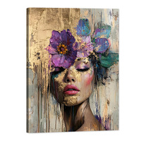 Tableau mural abstrait moderne de luxe, portrait de femme, imprimé floral doré et visage violet, 40x80cm, toile imperméable et écologique