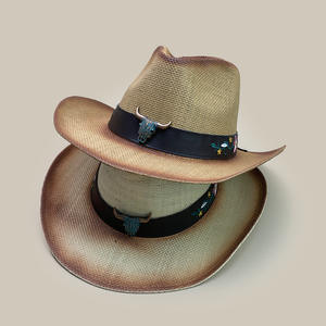 Nouveau design hommes été pêche en plein air fête large bord Cowboy chapeaux de <span class=keywords><strong>paille</strong></span> Vintage Simple Western Jazz Fedora <span class=keywords><strong>chapeau</strong></span> de <span class=keywords><strong>paille</strong></span> avec des bandes - Product Image 2