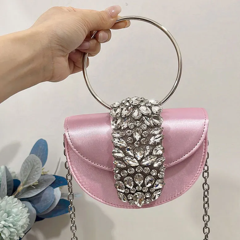 Shiny Rhinestone Half Round Satin Bags Elegant Boutique Metal Ring Handle Evening Clutch Purses Handbags For Women
