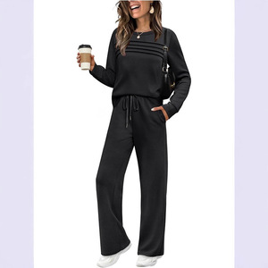 Ensemble pantalon large décontracté à taille élastique et col rond uni, nouvelle mode pour femmes - Product Image 1