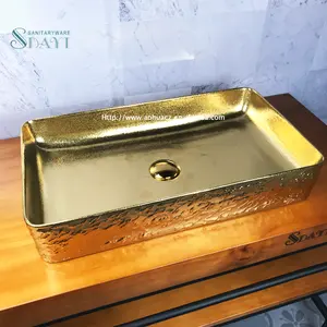 SDAYI Egg Oval Shape Luxury Rectangle Shape Full Golden Design Table Top Wash Basin Bowl Bathroom Sink Gold Lavabo
