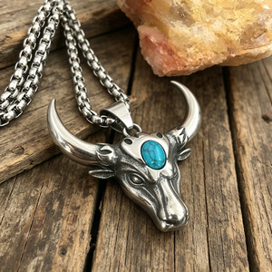 Bull Head Alloy Pendant Turquoise Inlay Men's Necklace Stainless Steel Fashion Sweater Chain Geometric Design Gift Jewelry - Product Image 4