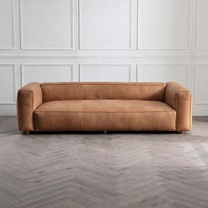 Mid-century American Vintage Caramel Wax Leather Straight <b>Sofa</b> with Wrap-around Arm <b>for</b> Home Living Room Decor - Product Image 2