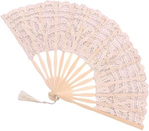 Éventail en dentelle pour femme, élégant, en coton, fait main, style vintage rétro, avec bâtons en bambou et pompons en soie, pour mariage - Product Image 1