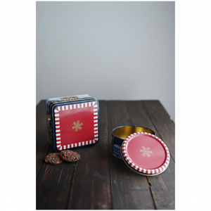 Metal Storage Tin <b>Set</b> – <b>Square</b> & Round Gold Snow Crystal red background Valentine And New Year Design - Product Image 2
