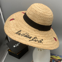 Sombreros de Sol para mujer, bordado de mariquita, sombreros de paja de rafia de ala ancha, sombrero flexible de playa plegable para mujer de verano para viajes al aire libre