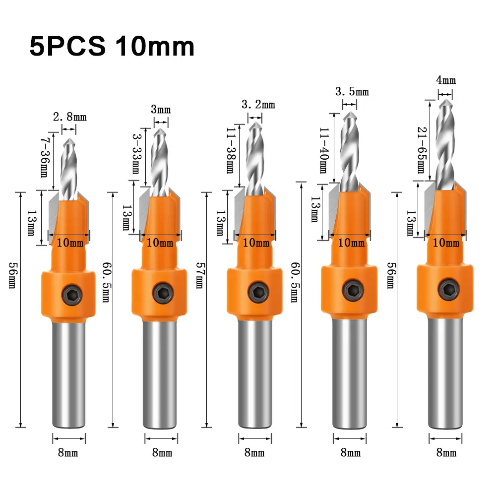 6pcパンチングドリル8mm/10mmシャンクHSS木工皿穴ルータービット木材フライスカッター木工ツールルーターツール