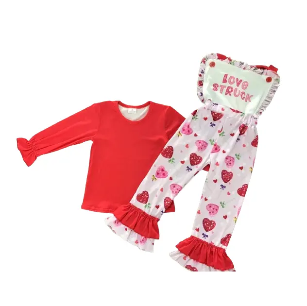 T-shirt boutique Saint Valentin pour enfants fille coeur à manches longues haut rouge bretelles pantalon ensemble enfants vêtements de saint valentin