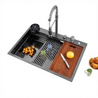 NEXGRAND Évier de cuisine 33x22 pouces avec robinet cascade, en acier inoxydable noir Nano PVD, fait main, moderne, pour poste de travail, résistant aux rayures