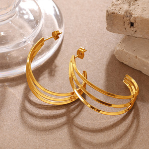 C-Shaped Gold Plated Stainless Steel <b>Cuff</b> <b>Earrings</b> For Women Minimalist Multi Layer Fashion Jewelry - Product Image 3