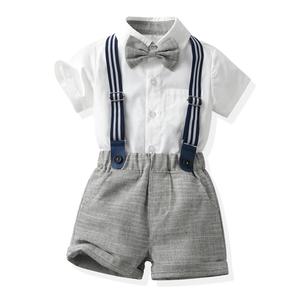 夏季秋季儿童男童纯色休闲套装短袖衬衫背带裤绅士男童服装套装 - Product Image 4