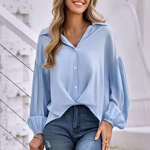 Custom Work Office Bluse, Plus Size Classic Langarm Kragen Tops Damen Satin Button Down Shirt/