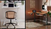 Bureau debout électrique ergonomique moderne extensible en bois convertible avec panneau mural, design noir/blanc, cadre noir/blanc, garantie 5 ans pour le bureau