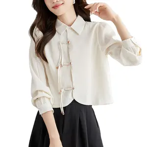 Camicette eleganti in raso <span class=keywords><strong>con</strong></span> bottone <span class=keywords><strong>con</strong></span> <span class=keywords><strong>nodo</strong></span> e bottone in seta a righe leggere da donna - Product Image 1