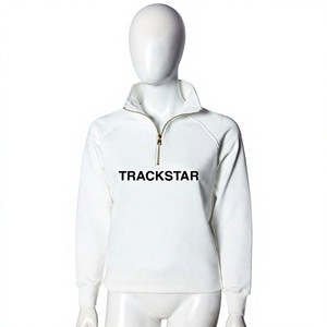 Sweat-shirt blanc pour femme avec fermeture éclair quart de tour, imprimé lettrage noir Trackstar, détails dorés, pull-over - Product Image 1