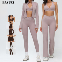 PASUXI Vente en gros de tenues personnalisées avec logo, ensemble de jogging de fitness, ensemble de 2 pièces, veste de yoga, pantalon évasé, ensemble de vêtements de fitness pour femmes