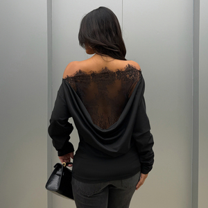 Black Sexy Lace <b>Patchwork</b> Cut Out Backless Cowl Neck Off Shoulder Waist Long Sleeve T Shirt for Women - Product Image 1